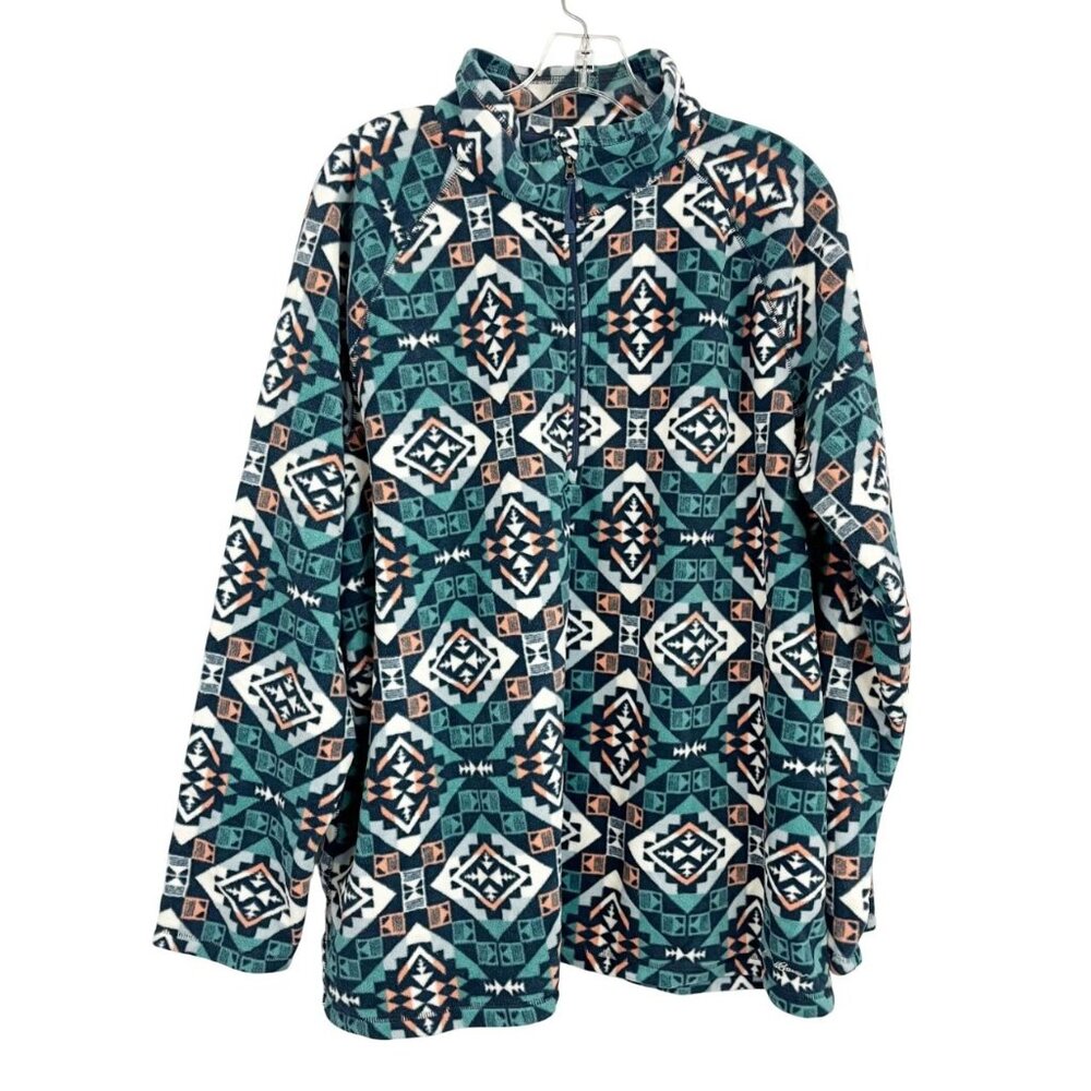 Eddie Bauer Women's Green Multi Aztec Western Quarter Zip Fleece Sweater Size 2X